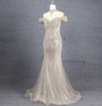 Luxurious Champagne Gold Mermaid Off-The-Shoulder Beaded Tulle Long Formal Prom Dresses