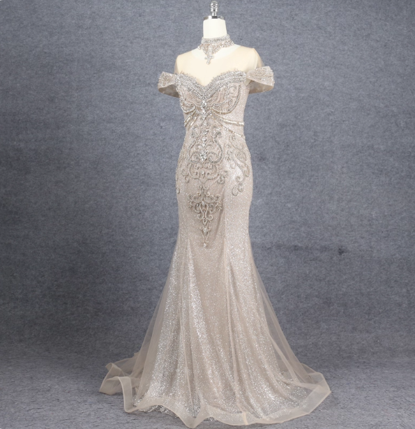 Luxurious Champagne Gold Mermaid Off-The-Shoulder Beaded Tulle Long Formal Prom Dresses