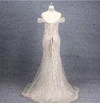 Luxurious Champagne Gold Mermaid Off-The-Shoulder Beaded Tulle Long Formal Prom Dresses