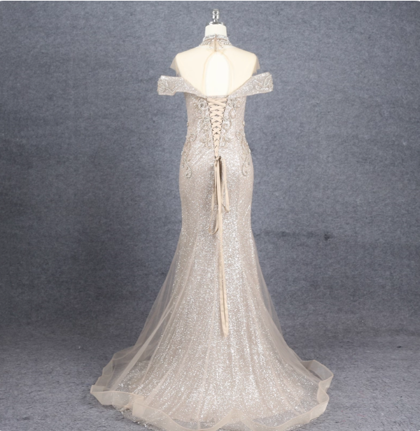 Luxurious Champagne Gold Mermaid Off-The-Shoulder Beaded Tulle Long Formal Prom Dresses