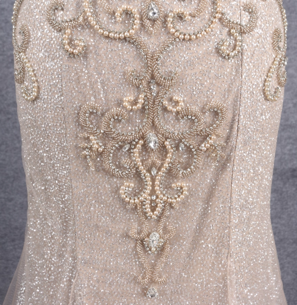 Luxurious Champagne Gold Mermaid Off-The-Shoulder Beaded Tulle Long Formal Prom Dresses