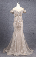 Luxurious Champagne Gold Mermaid Off-The-Shoulder Beaded Tulle Long Formal Prom Dresses