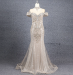 Luxurious Champagne Gold Mermaid Off-The-Shoulder Beaded Tulle Long Formal Prom Dresses