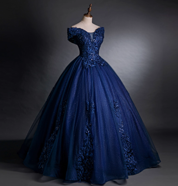 Luxurious Court Navy Blue One-Shoulder Embroidered Sequin Tulle Ball Gown Prom Dresses Sweet 16 Dresses Secondary image