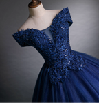 Luxurious Court Navy Blue One-Shoulder Embroidered Sequin Tulle Ball Gown Prom Dresses Sweet 16 Dresses