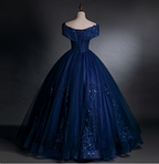 Luxurious Court Navy Blue One-Shoulder Embroidered Sequin Tulle Ball Gown Prom Dresses Sweet 16 Dresses