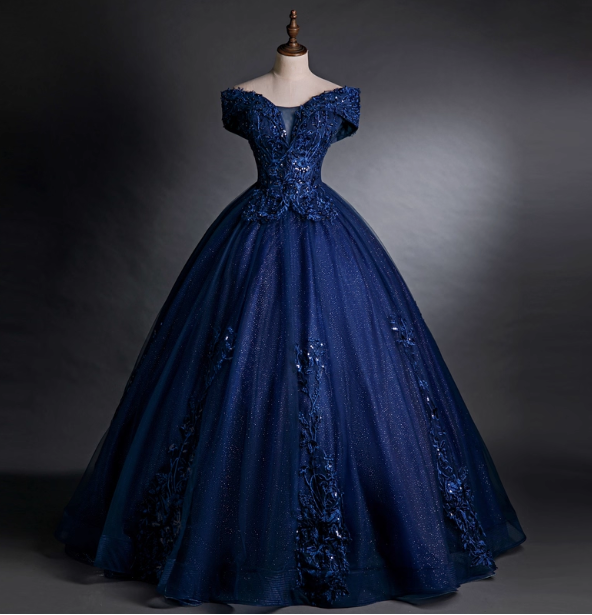 Luxurious Court Navy Blue One-Shoulder Embroidered Sequin Tulle Ball Gown Prom Dresses Sweet 16 Dresses