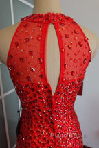 Luxurious Crystal Beaded Halter Mermaid Evening Dresses Leg Split Formal Prom Gowns
