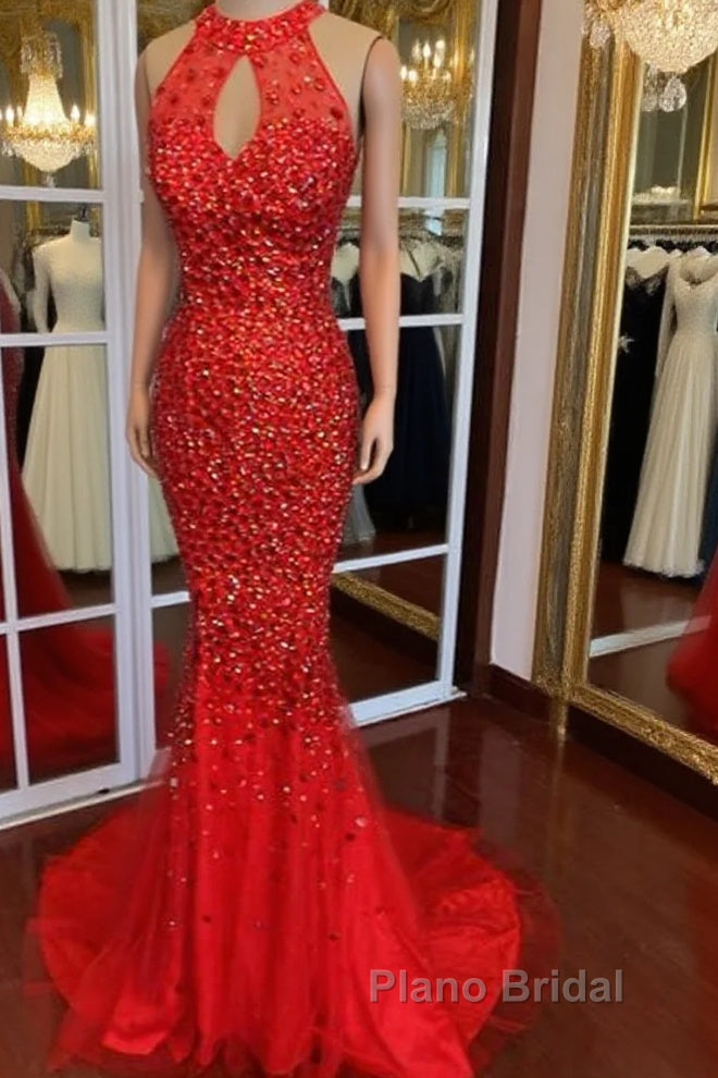 Luxurious Crystal Beaded Halter Mermaid Evening Dresses Leg Split Formal Prom Gowns