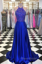Luxurious Crystal Halter Formal Prom Dresses Long Satin Leg Split Evening Gowns