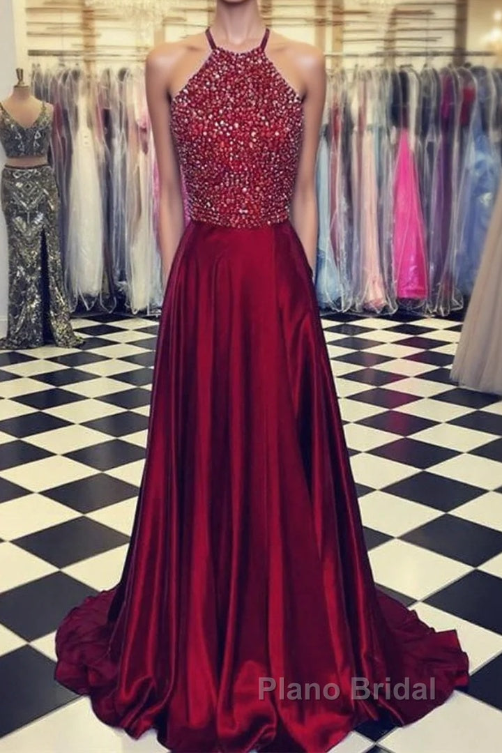 Luxurious Crystal Halter Formal Prom Dresses Long Satin Leg Split Evening Gowns Main image