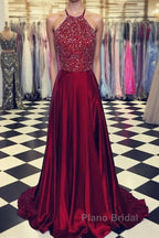 Luxurious Crystal Halter Formal Prom Dresses Long Satin Leg Split Evening Gowns