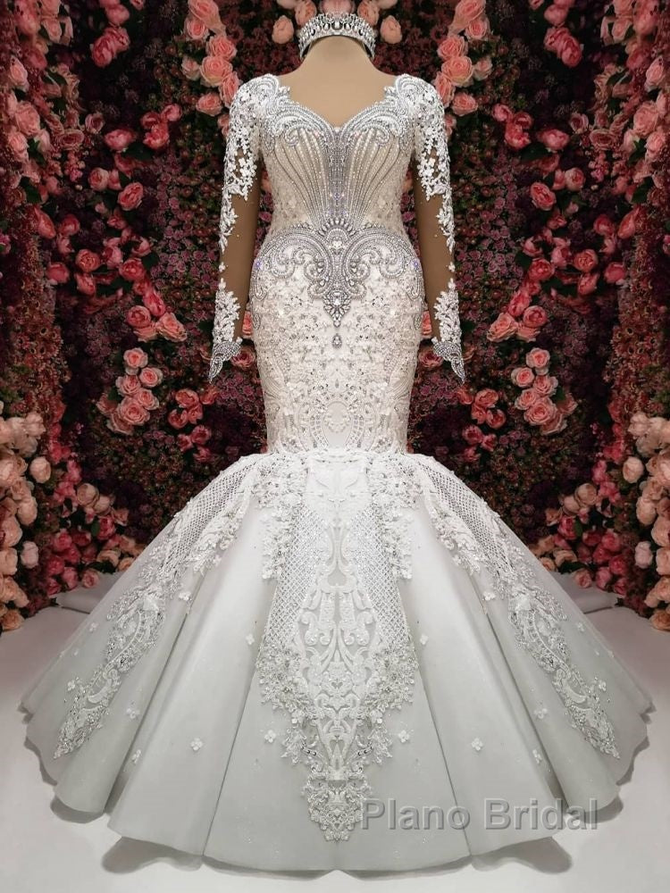 Luxurious Crystals Mermaid Bridal Gowns Long Sleevess Chapel Train Wedding Dresses Secondary image