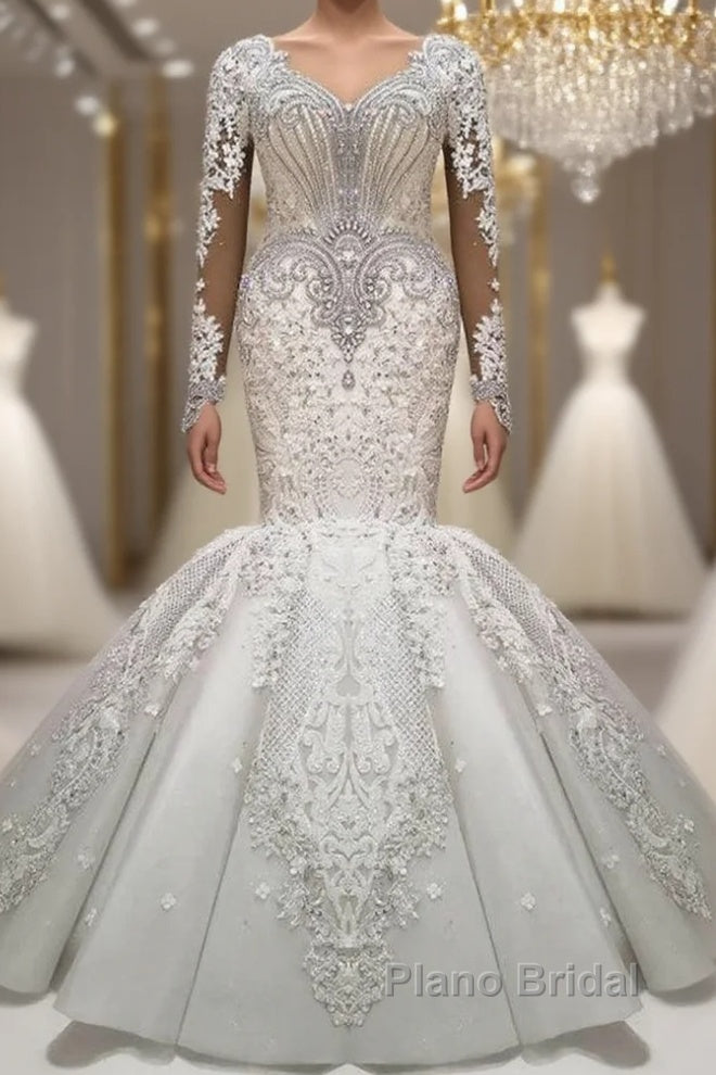 Luxurious Crystals Mermaid Bridal Gowns Long Sleevess Chapel Train Wedding Dresses Main image