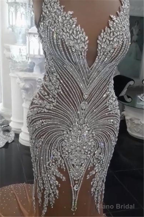Luxurious Crystals Mermaid Wedding Dresses V Neck Backless Champagne Bridal Gowns Main image