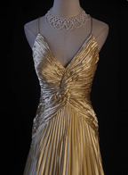 Luxurious Elegant Yellow A-Line V-Neck Spaghetti Strap Knot Ruched Satin Long Formal Prom Dresses