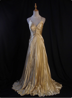 Luxurious Elegant Yellow A-Line V-Neck Spaghetti Strap Knot Ruched Satin Long Formal Prom Dresses
