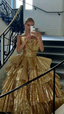Luxurious Gold Strapless Pleated Irregular Neck Layered Formal Prom Dresses Ball Gown Quinceanera Party Dresses