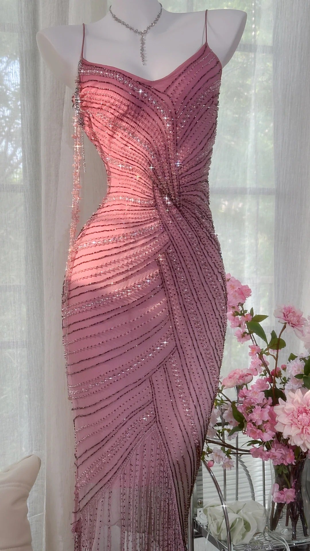 Luxurious Heavy Pink Tassel Beaded Mermaid Prom Dress Secondary image