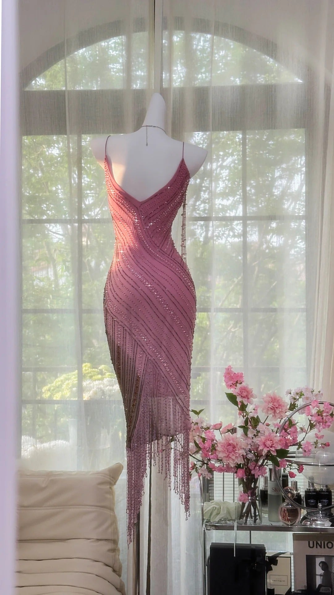 Luxurious Heavy Pink Tassel Beaded Mermaid Prom Dress