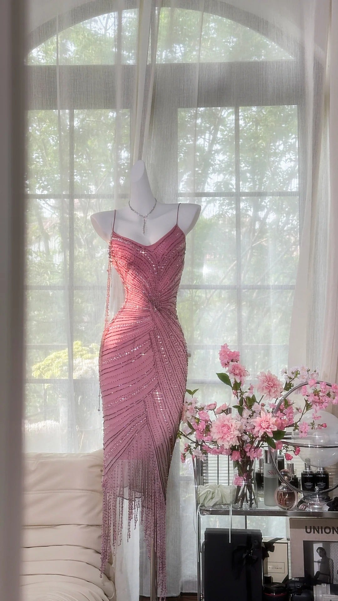 Luxurious Heavy Pink Tassel Beaded Mermaid Prom Dress Main image