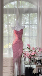 Luxurious Heavy Pink Tassel Beaded Mermaid Prom Dress