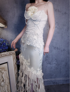 Luxurious Ivory Mermaid Thin Strap Pearl Ruffled Satin Long Formal Prom Dresses