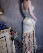 Luxurious Ivory Mermaid Thin Strap Pearl Ruffled Satin Long Formal Prom Dresses