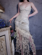 Luxurious Ivory Mermaid Thin Strap Pearl Ruffled Satin Long Formal Prom Dresses