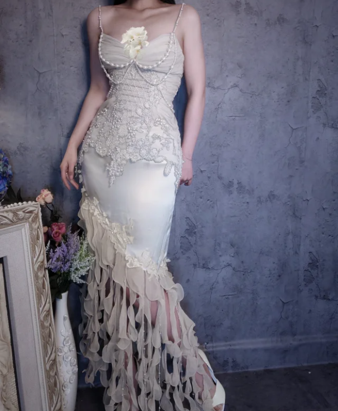 Luxurious Ivory Mermaid Thin Strap Pearl Ruffled Satin Long Formal Prom Dresses Main image