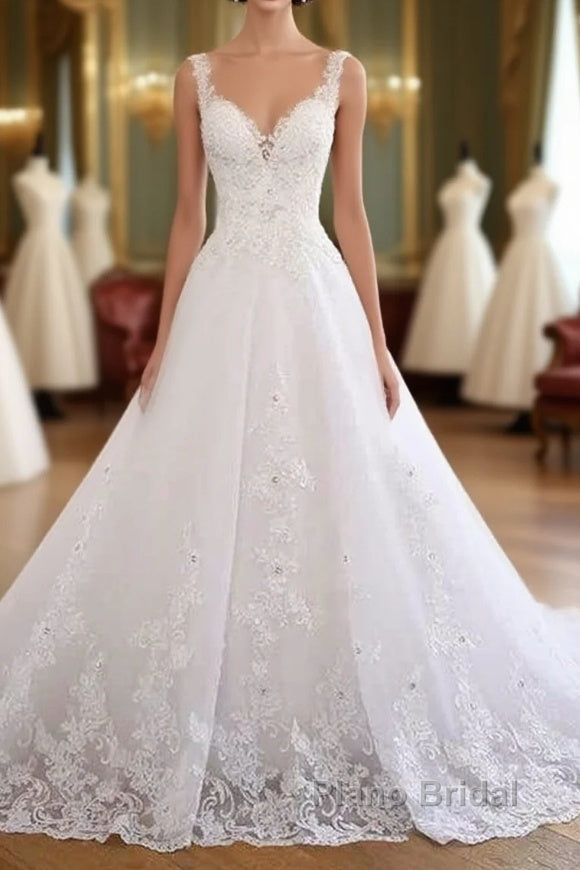 Luxurious Lace Beaded Wedding Dresses New Arrival V Neck Straps Long Ball Gown Wedding Party Bridal Dress Main image