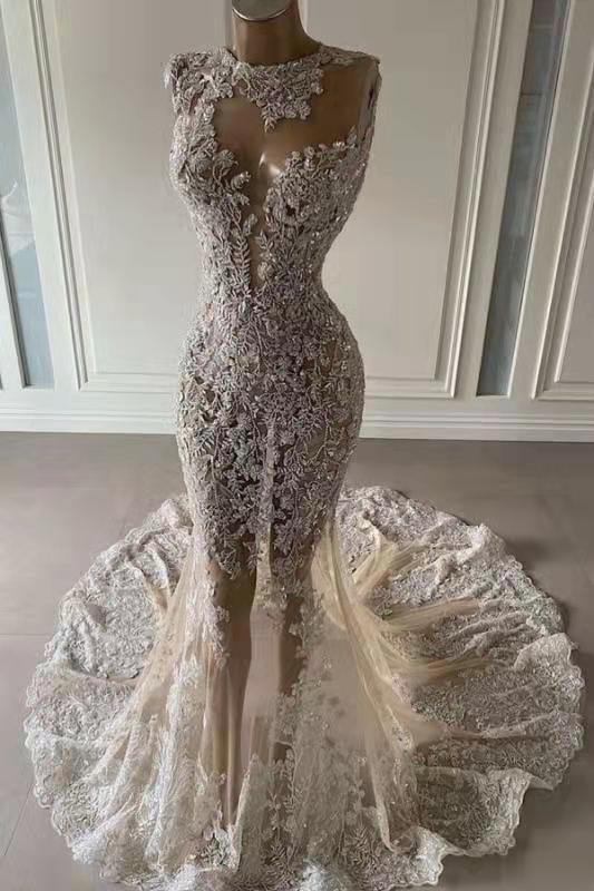 Luxurious Mermaid Lace Appliques Wedding Dress Sheer Skirt Main image