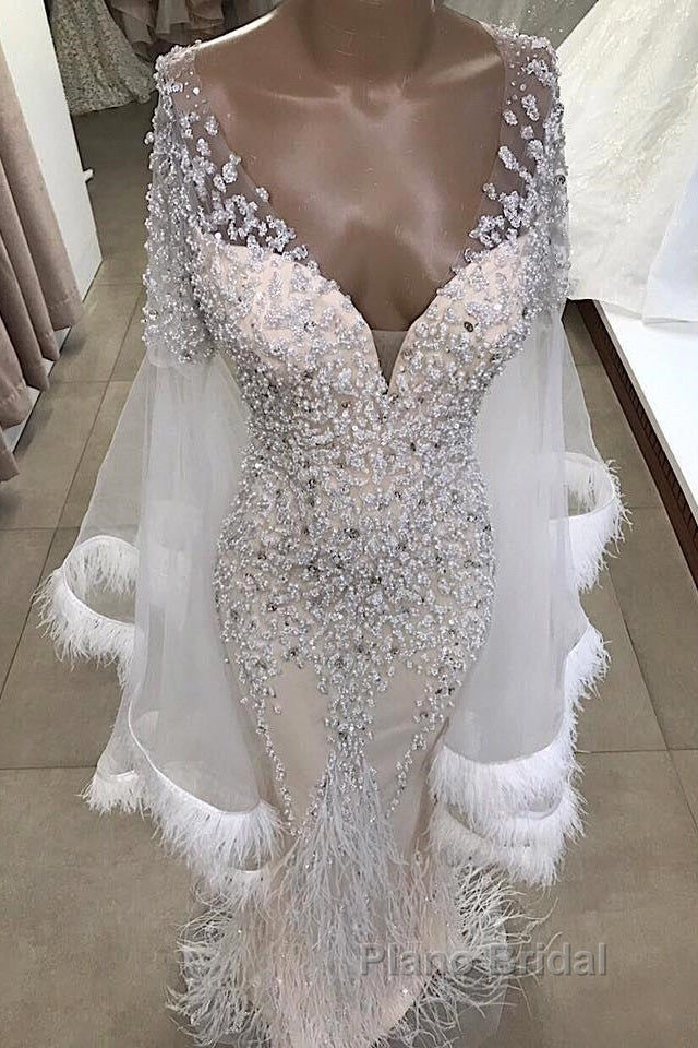 Luxurious Mermaid V-Neck Long Sleevess Crystal Floor Length Formal Prom Dresses With Tassels