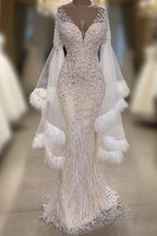 Luxurious Mermaid V-Neck Long Sleevess Crystal Floor Length Formal Prom Dresses With Tassels