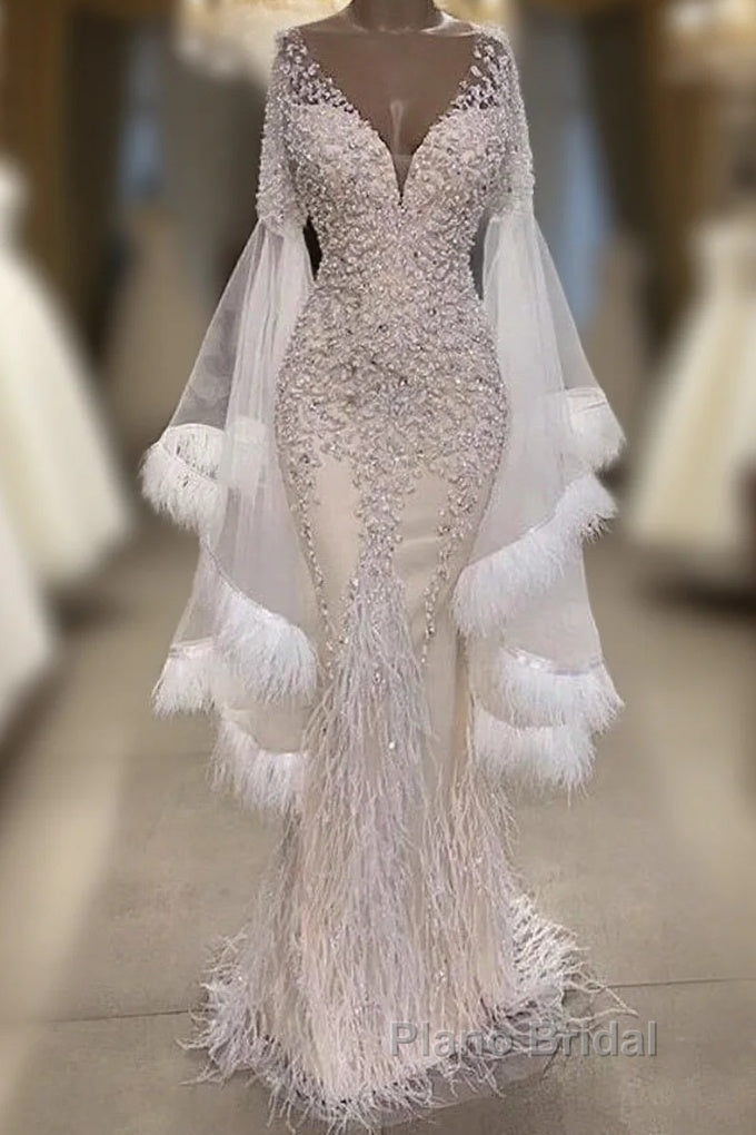 Luxurious Mermaid V-Neck Long Sleevess Crystal Floor Length Formal Prom Dresses With Tassels