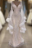Luxurious Mermaid V-Neck Long Sleevess Crystal Floor Length Formal Prom Dresses With Tassels