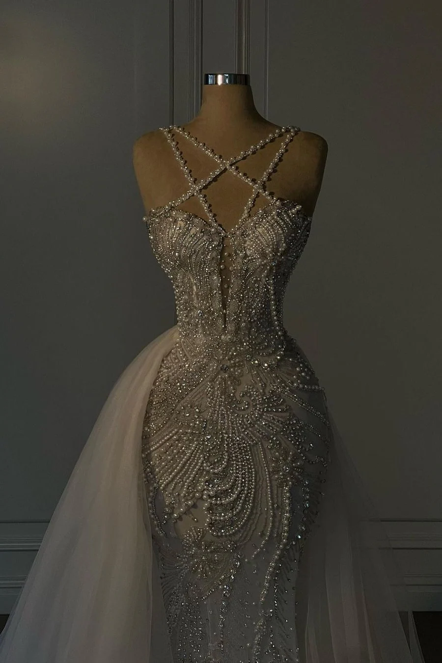 Luxurious Mermaid V-Neck Spaghetti Strap Complicated Beaded Over-Skirt Wedding Dresses