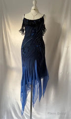Luxurious Navy Blue Chiffon Beaded Evening Dress Formal Party Prom Dress