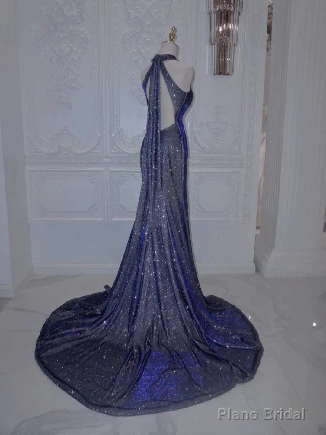 Luxurious Navy Blue Long Evening Gown Mermaid Halter Neck Backless Party Dress Secondary image