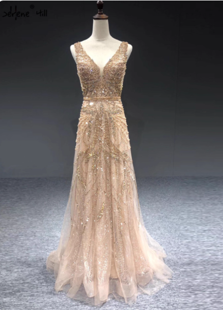 Luxurious Nude Pink A-Line V-Neck Beaded Embroidered Tulle Long Formal Prom Dresses Main image