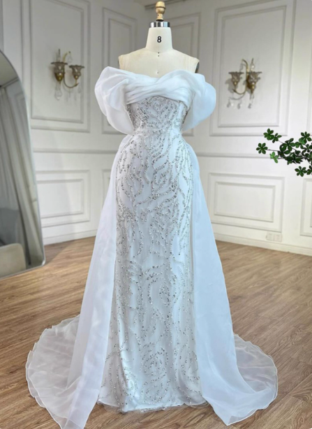 Luxurious Palace White Mermaid Off-The-Shoulder Beaded Tulle Train Formal Prom Dresses