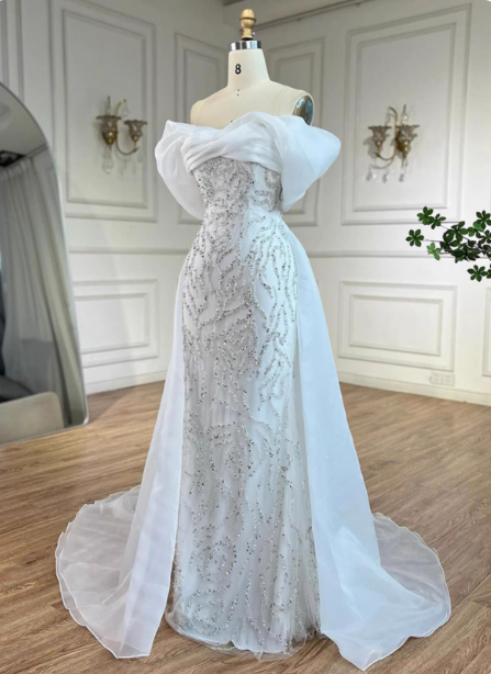 Luxurious Palace White Mermaid Off-The-Shoulder Beaded Tulle Train Formal Prom Dresses