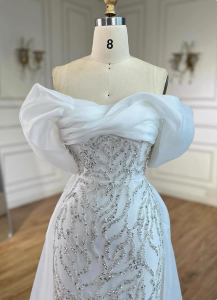 Luxurious Palace White Mermaid Off-The-Shoulder Beaded Tulle Train Formal Prom Dresses