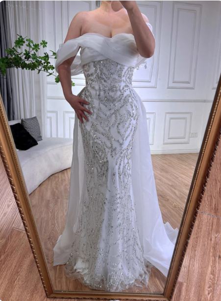 Luxurious Palace White Mermaid Off-The-Shoulder Beaded Tulle Train Formal Prom Dresses Main image
