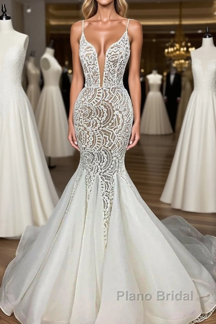 Luxurious Spaghetti Strap Plugging V neck White Sleeveless Mermaid Hollow Wedding Dress Main image