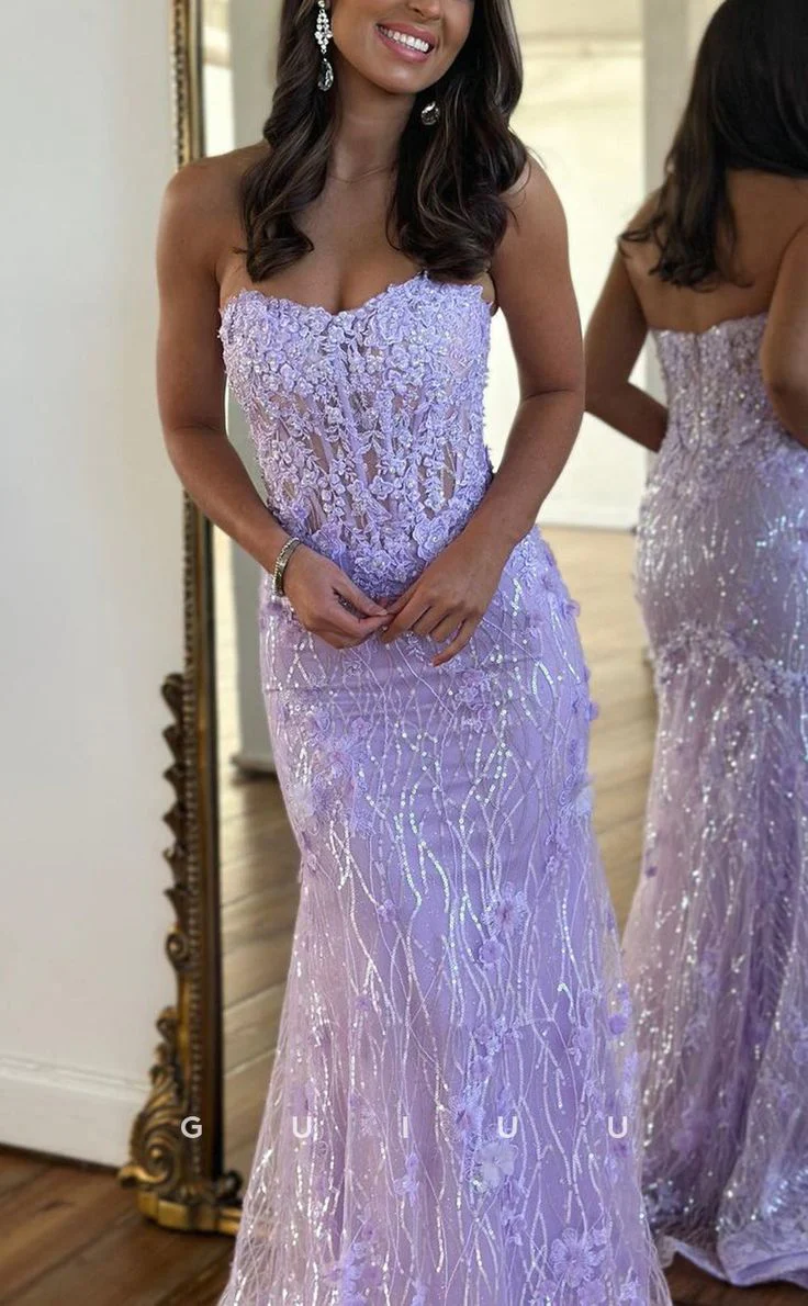 Luxurious Strapless Sheer Lace Applique Long Formal Prom Dresses Birthday Outfit Secondary image