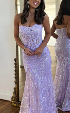 Luxurious Strapless Sheer Lace Applique Long Formal Prom Dresses Birthday Outfit