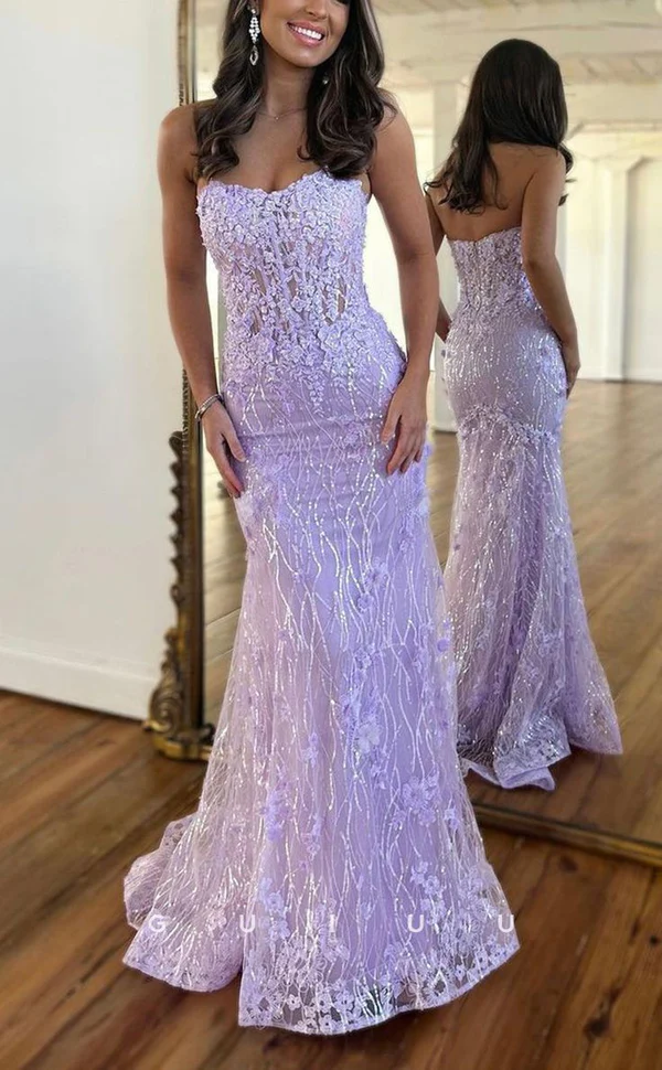 Luxurious Strapless Sheer Lace Applique Long Formal Prom Dresses Birthday Outfit
