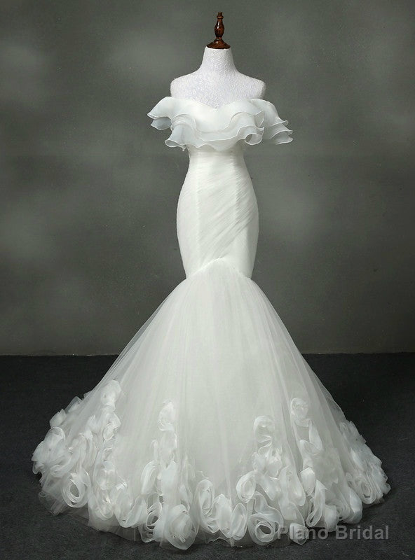 Luxurious Strapless Wedding Dress Mermaid Real Photo Tulle With Ruffles