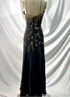 Luxurious Vintage Black Thin Strap Gold Beaded Embroidery Chiffon Long Formal Prom Dresses